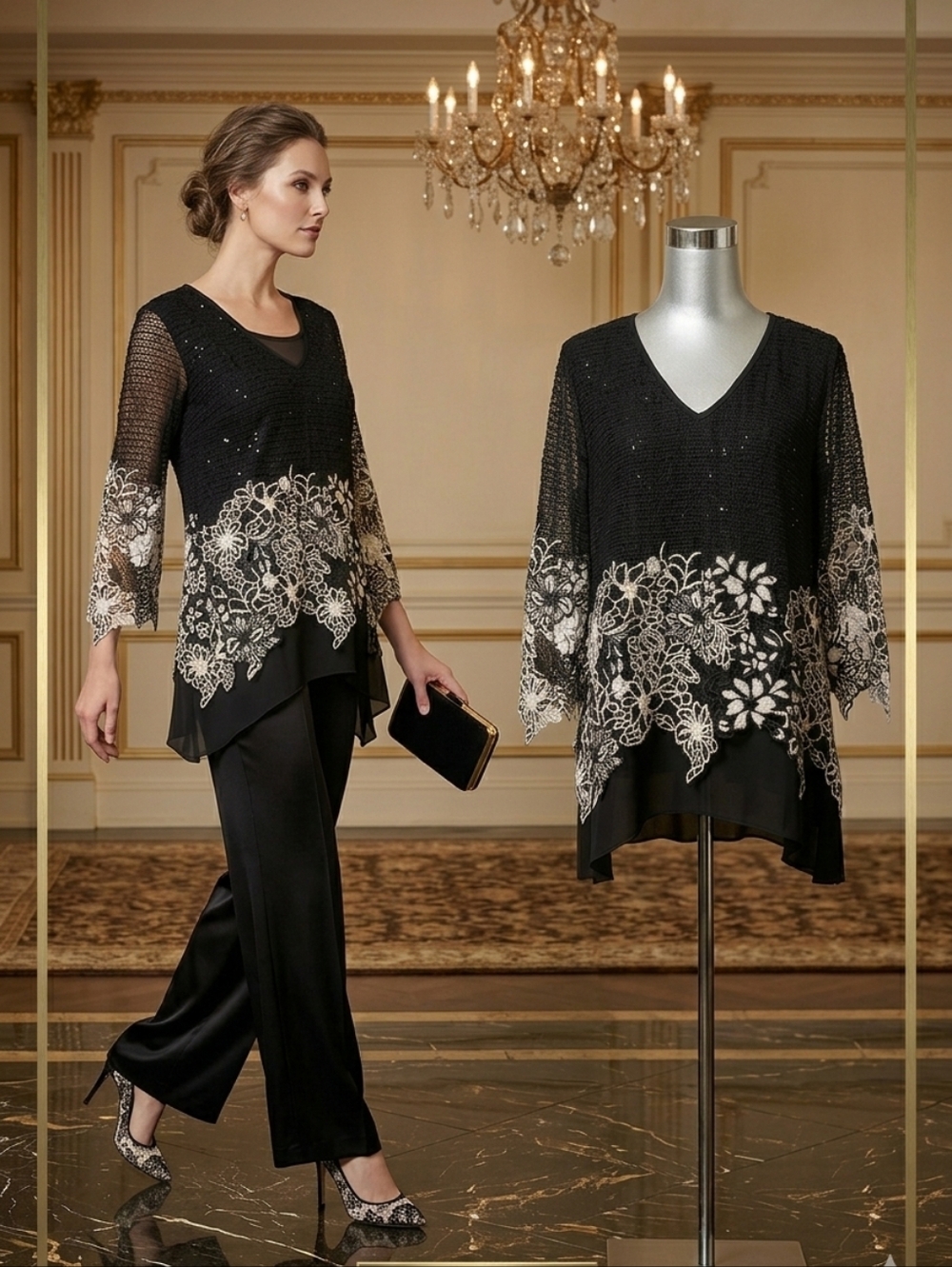 Joseph Ribkoff Black Sheer Mesh Top Floral Embroidered Overlay Elegant Designer